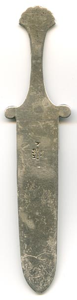 This bookmark was made in the US by Gorham. It is marked with the Gorham hallmark and Sterling and 53. The top is a blooming flower in a container. The very top has a shell motif. This is from the Autumn 1888 Gorham catalog where they sold 33 different bookmarks. The year mark on this particular piece is a rooster indicating 1890. 