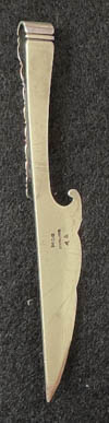This is an American made bookmark. The manufacturer is Gorham. It is marked with the manufacturers hallmark, Sterling and the catalog number 45. It is shaped like a knife with a beaded handle. It is from the Autumn 1888 Gorham Catalog. It is one of 33 different bookmarks offered that year.