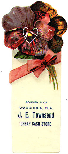 This bookmark was made in the US by an unknown manufacturer. It was made as a souvenir of Wauchula, Florida for J. E. Townsend, a "Cheap Cash Store". It is made of celluloid with a flower on top with a pink ribbon. The date is 1910 - 1920.