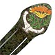 This bookmark is made in the US by the Heintz Art Metal Shop in the Arts and Crafts era, circa 1910 - 1930. It has a orange and yellow enamel flower painted over sterling on top. The blades are finished in a green florentine patina over bronze.