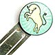  This bookmark was  made in Norway by David Andersen. It is marked sterling on the back.  The top has a yellow enamel bucking bull on a green enamel background.  The date is 1960 - 1980. 