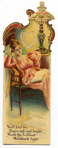 This bookmark was made in the US by Whitehead & Hoag of Newark, NJ. It is an advertising bookmark for Welsbach lights. It says "You'll find the Pages soft and bright 'Neath the brilliant Welsbach light." On the back is a calendar for 1901.
