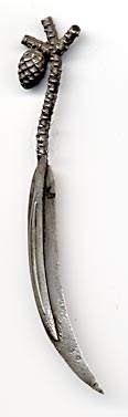  This bookmark was made in the US by William C. Finck Co. It is marked sterling and WC Finck. The top has a figural pine branch with a pine cone hanging down. The date is 1896 - 1904. 