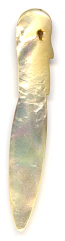 This bookmark was made in either France or England. It is made of mother of pearl and is in the shape of a shrimp.
