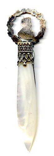 This bookmark was made in France as a souvenir of the Musee de L'Armee. It is silver plated brass, abalone and mother-of-pearl. The top has a bust of Napoleon surrounded by a wreath. Underneath there is an eagle. The Musee de L'Armee, located at the Invalides in Paris, France was originally built as a hotel for disabled soldiers (Invalides) by Louis XIV and now houses the Tomb of Napoleon 1st and the museum of the Army of France.
