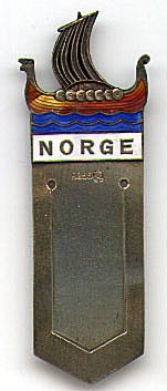 This bookmark is made in Norway. It has 925S and a hallmark on the front blade. The top is of a Norse ship done in enamel and the word NORGE underneath it. The date is unknown.