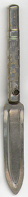 This bookmark is made in France and is a Stanhope or 'peeper'" bookmark. It is probably silver plate over brass and made between 1890 and 1920. If you look through the '"peep hole'" you can see 6 photographs of different buildings. The center says '"In Memory of Grange'". The six photos are: '"The Station'", '"Cartmel Church'", '"Grange from the Station'", '"Grange from YEWBARROWCRAG'", '"St. Paul''s Church'" and '"Grange Hotel'". It also says Made in France. There is some lettering in the center that is too small to read but I think is says Dublin. The handle of the bookmark pulls apart and a mechanical pencil is inside."