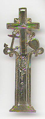 This bookmark was made in Sweden. It is has four marks, only two of which can be made out. The state mark of Sweden and a date mark L5, indicating that this was made in 1865. The silver content is .830. It has the symbols for Faith, Hope and Charity and is very similar to bookmark 83 in group 5.