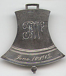 This bookmark is not a bookmark at all, but is most likely a luggage tag that was made in the US by an unknown manufacturer. It is only marked sterling on the back and is in the shape of a bell. The front is inscribed June 10, 1902 with someones initials.