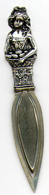 This bookmark was made in the US by Webster Company. It is marked only Sterling and the top is a woman holding a basket of fruit. It was orignally sold as a letter opener. The date is 1900 - 1910.