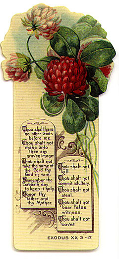  This bookmark was made in the US and is marked "Design copyrighted by Allan Sutherland 1912." It is a celluloid religious bookmark with a quote from the Bible, Exodus 20:3-17, the ten commandments. The top has a red flower with it's leaves.   