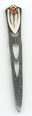 This bookmark was made in the US by F.A. Hermann Co. It is marked Sterling and has the manufacturers hallmark of an "H" enclosed within a triangle. It is actually most likely not a bookmark but a small letter opener. It has an enamel shield on top and cutouts in the blade. The date is 1900 - 1910.  